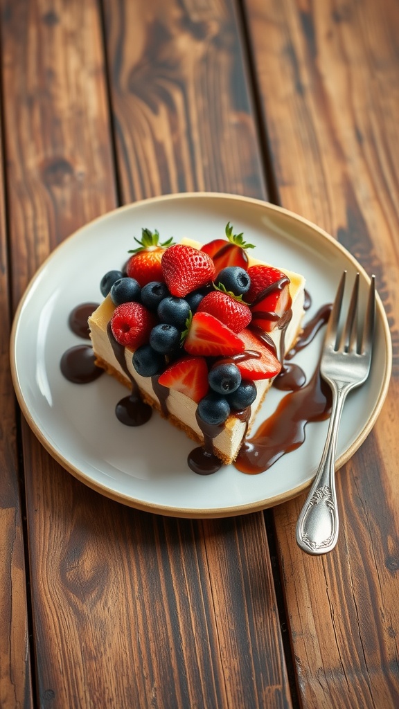 A slice of no-bake cheesecake topped with fresh berries and chocolate sauce on a rustic table.
